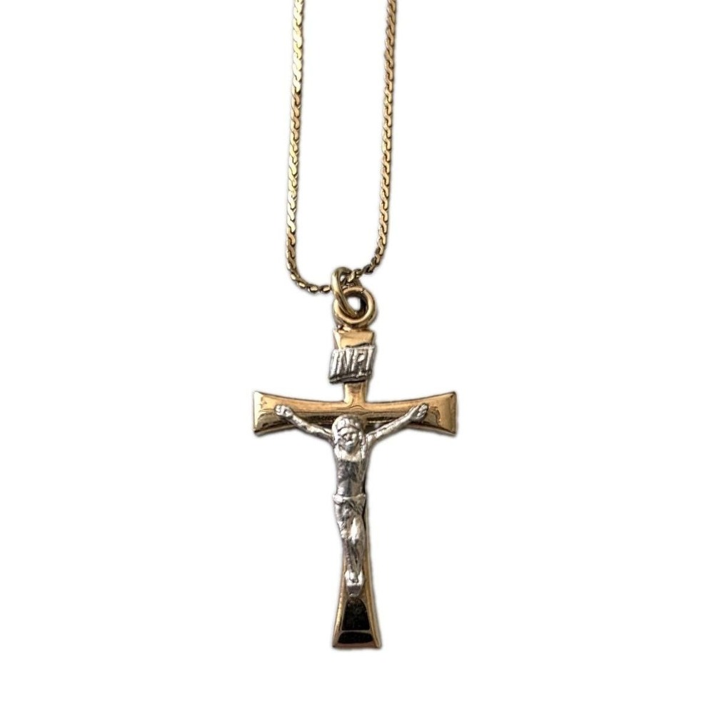 Vintage 1/20 14K GF Crucifix Cross INRI Two-Tone Jesus 1.5" w/ 20" GF Chain